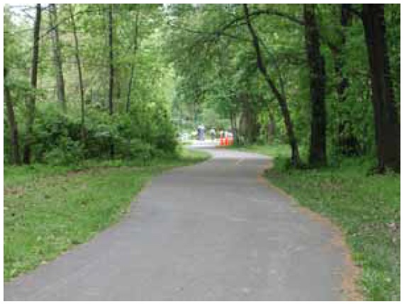 Figure 17: Photo. Paint Branch Trail, College Park, MD. This photo shows the Paint Branch Trail in College Park, MD. A paved trail winds through a heavily wooded area. A data collection event was held here on May 3, 2003.