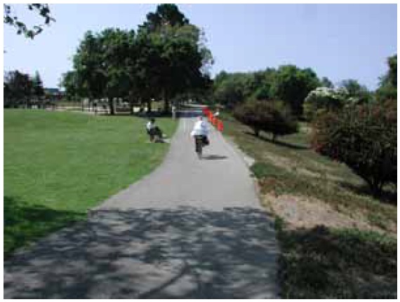 Figure 18: Photo. San Lorenzo River Trail, Santa Cruz, CA. This photo shows the San Lorenzo River Trail in Santa Cruz, CA. It is an open trail with a large grassy area on one side. The other side gives way to a gentle embankment. One bicyclist is on the trail. A data collection event was held here on June 13, 2003.