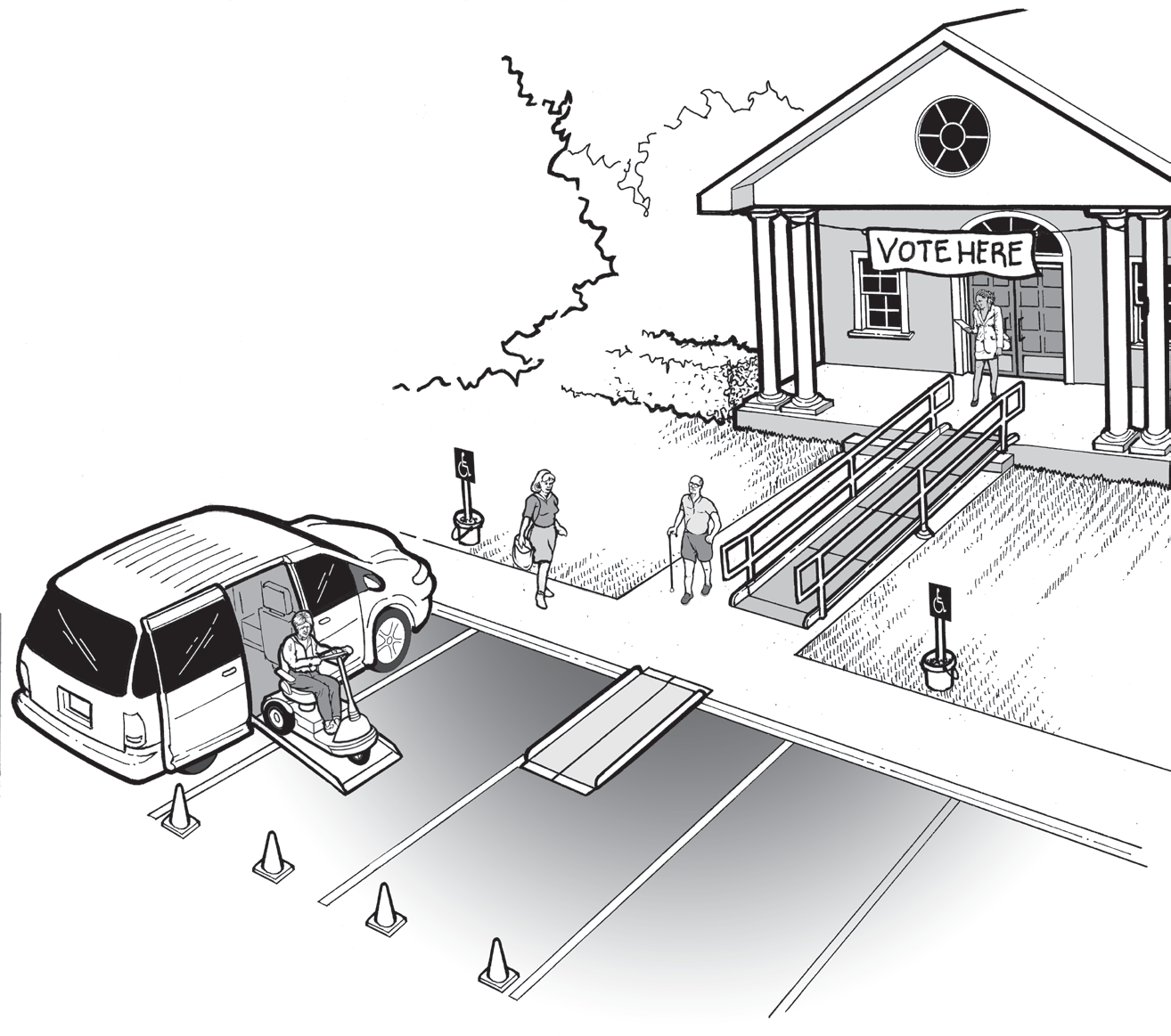 Three standard parking spaces are converted into a van accessible parking space with an access aisle. Cones mark and block off the access aisle and a temporary curb ramp with edge protection connects to an accessible route to the polling place.