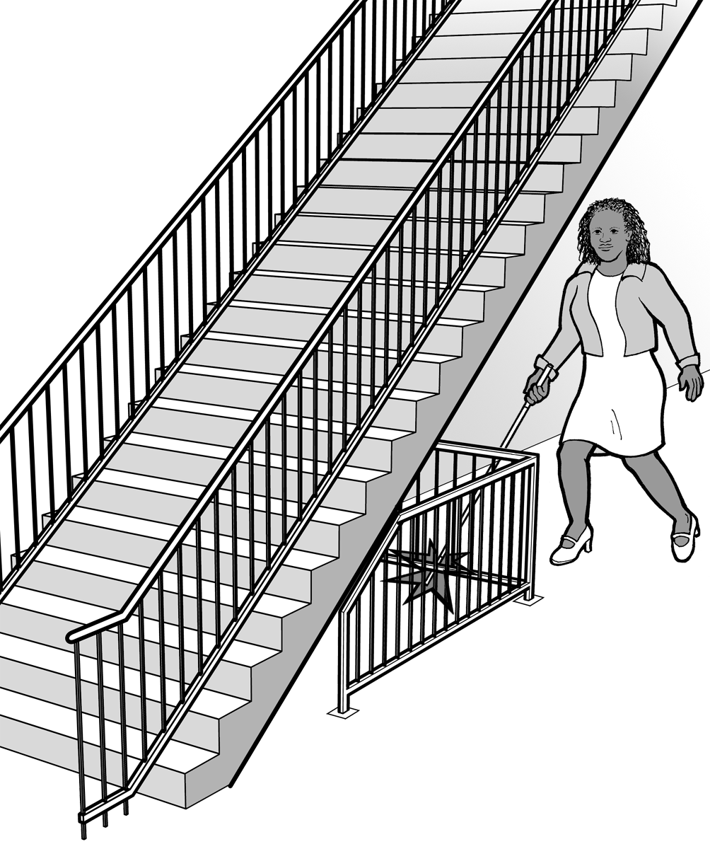 When the underside of a set of stairs is open, it is a hazard to people who are blind or have low vision. Enclosing the area below the stair or installing a cane-detectable barrier helps the person to stop before hitting her head.