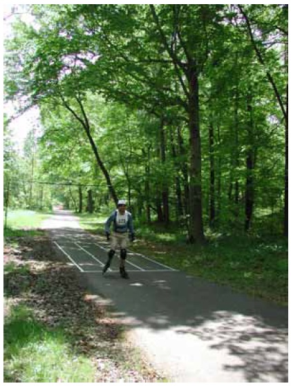 Figure 37: Photo. Sweep width station. A participant using inline skates has skated through the sweep width station. This section of trail is marked with longitudinal lines spaced 1 meter apart.