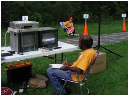 Figure 41: Photo. This is a photo of what actually took place as represented by the drawing in figure 40. Several video cameras were positioned at strategic points around the braking area. This section of trail is marked with longitudinal and transverse lines to form a 1-meter reference grid. An event staff person is sitting alongside the trail and is getting ready to raise a STOP sign. Another event staff person is sitting at a table alongside the trail and is watching the two video monitors. A video camera is mounted nearby.