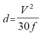 Equation 3: d equals V squared divided by 30 times f. 