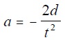 Equation 5: a equals the result of 2 times d divided t squared.