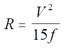 Equation 7: R equals V squared divided by 15 times f. 