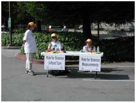 Figure 55: Photo. Many volunteers assisted with the "Ride for Science" events. Two event staff people are at a table talking to an inline skater at the table. 
