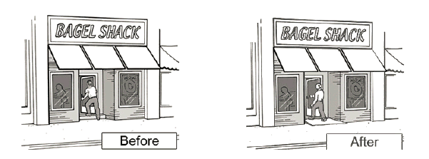 Two drawings, showing before and after of removing barriers, such as a step to an entrance, is required when readily achievable.