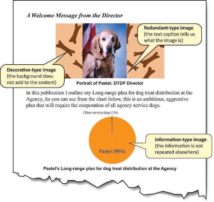 A sample excerpt from a publication that includes three types of image: a portrait, a chart, and background decoration.  The publication is the Long-range for dog treat at the agency, with a welcome message from Pastel, the guide dog.  The types of image are explained in the text that follows.