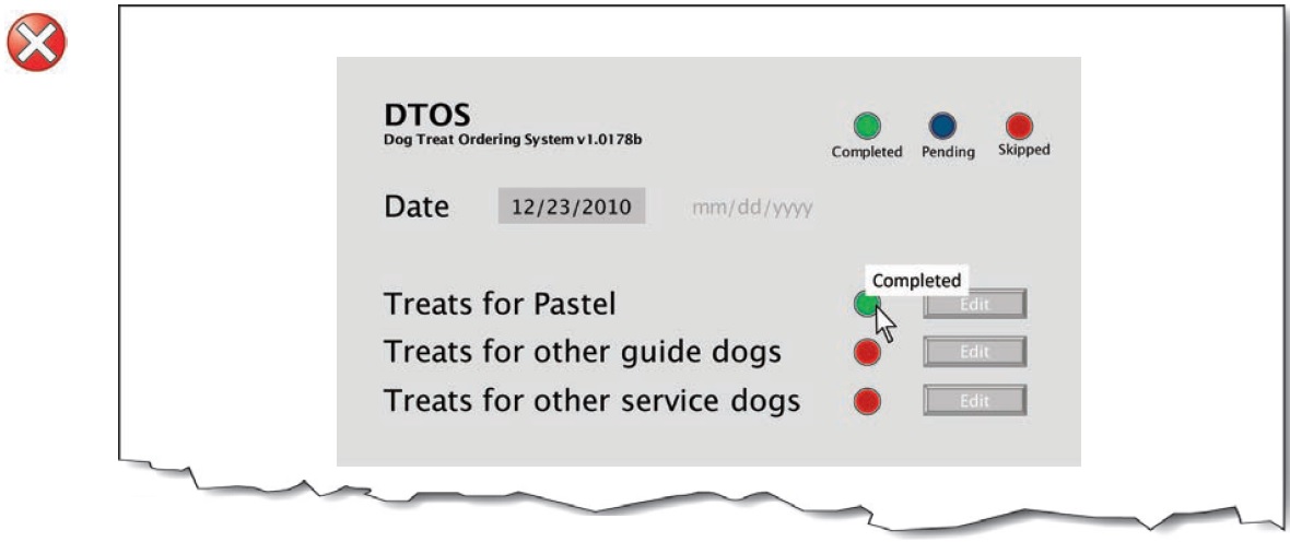 Interface controls using the alt-text to convey meaning.  A dog treat ordering system with green, blue and red status indicators.  On mouse over the the [sic] status is given in alt-text.