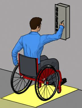 drawing of man in a wheelchair in a forward-approach to a wall-mounted fire extinguisher