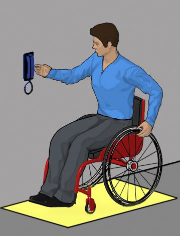 drawing of man in a wheelchair in a side-approach to a wall-mounted telephone
