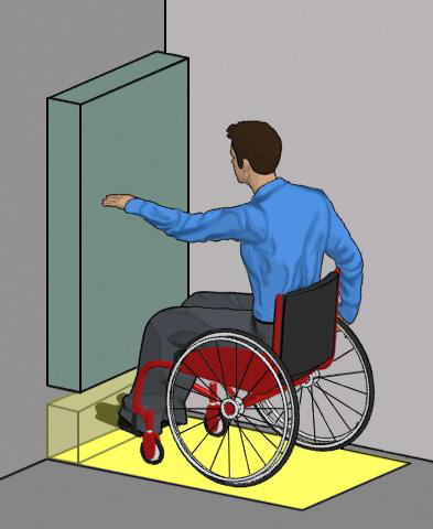 drawing of man in wheelchair with toe space highlighted