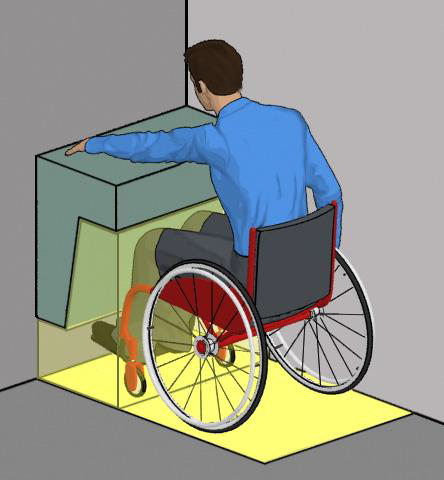 drawing of man in wheelchair with knee space highlighted
