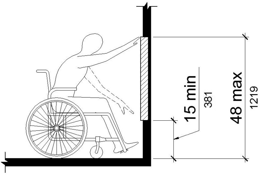 A side view is shown of a person suing a wheelchair reaching toward a wall. The lowest vertical reach point is 15 inches minimum and the highest is 48 inches maximum.