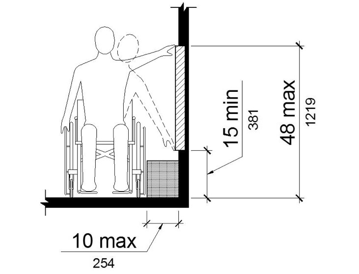 The drawing shows a frontal view of a person using a wheelchair making a side reach to a wall. The depth of reach is 10 inches maximum. The vertical reach range is 15 inches minimum to 48 inches maximum.