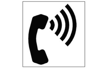 Pictogram of a telephone handset in profile with radiating sound waves.