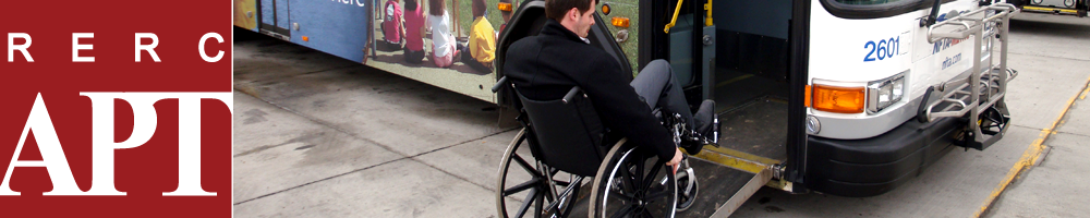RERC APT logo and photo of man in wheelchair boarding a bus