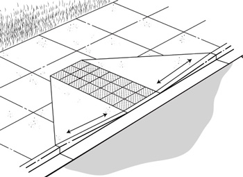 Illustration of a curb ramp, with arrows identifing [sic] the location to use a level to measure the angel of the curb ramp.