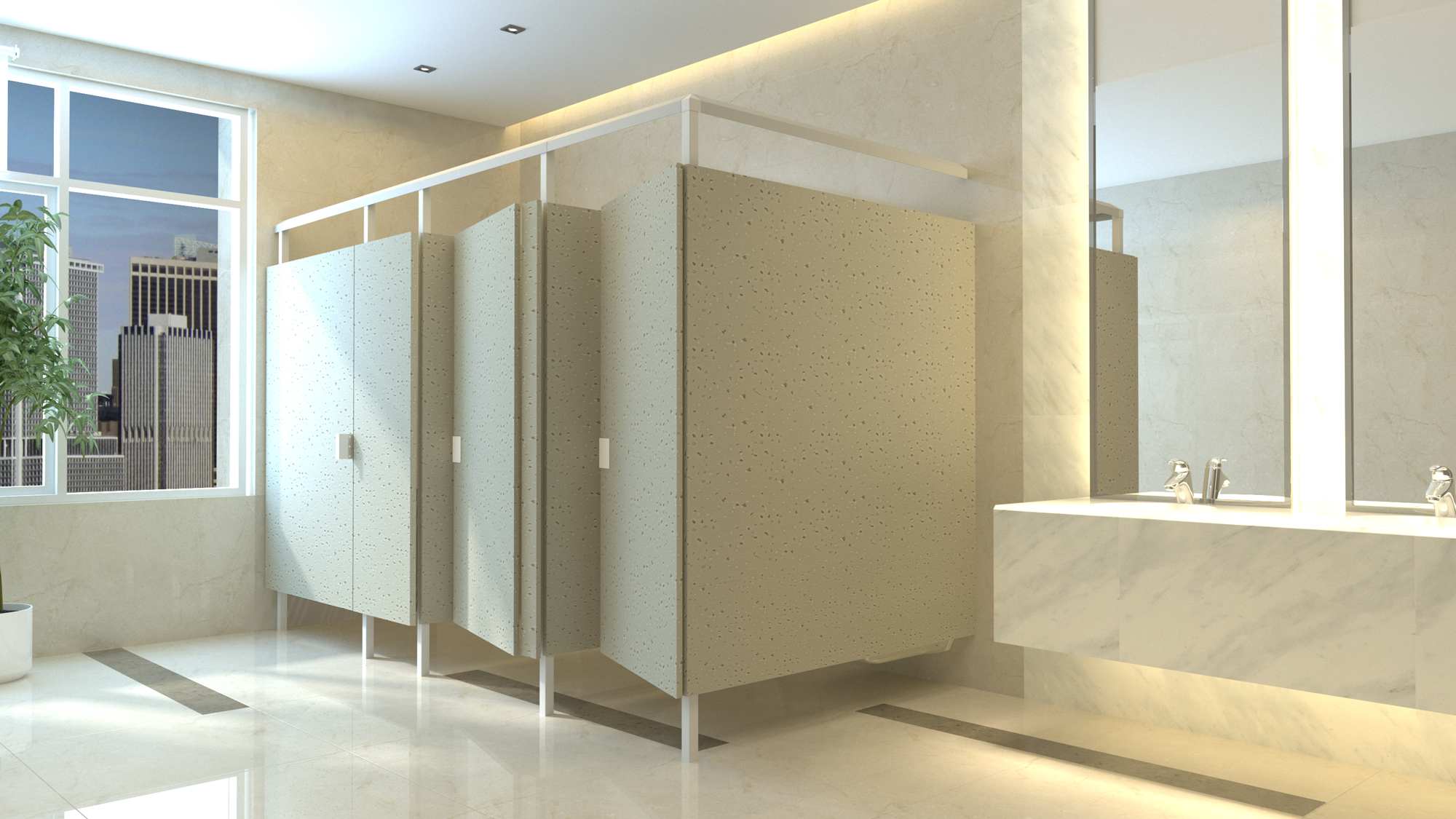 Three toilet room stalls showing Eclipse Partitions in Gravel finish.