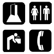 Symbols: Path of travel, restroom, phone, drinking fountain