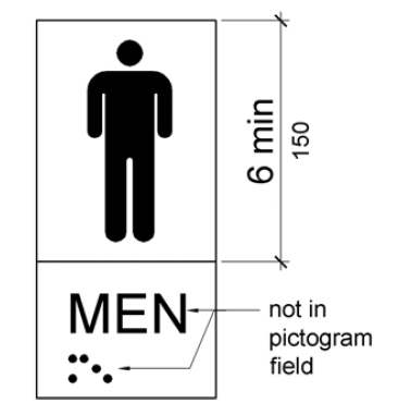 The field height for a men’s room pictogram is shown to be 6 inches (150 mm) minimum.  Tactile and Braille characters are located below, outside the pictogram field.