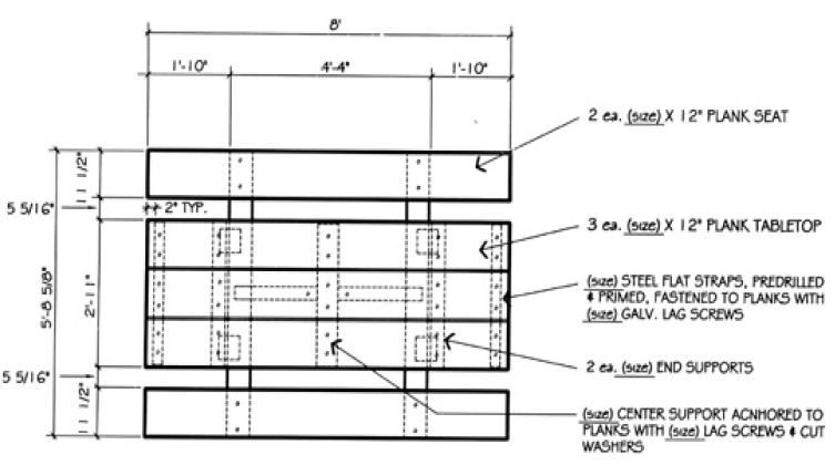 Plan view of wooden picnic table construction