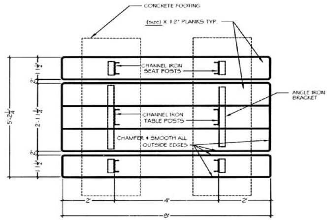 Plan view of picnic table construction with steel legs for seat and table support