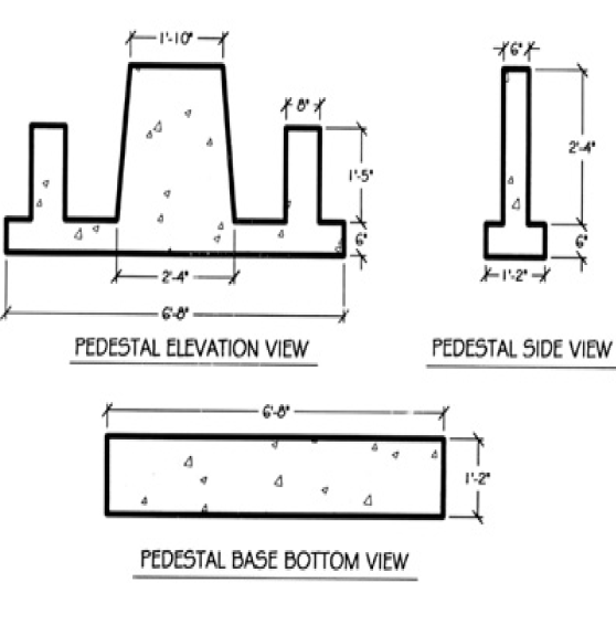 Three drawings showing the stone pedestals in elevation, from the bottom and from the side