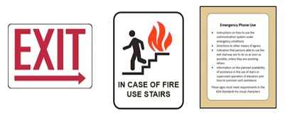 Example signs: “EXIT” with directional arrow, “IN CASE OF FIRE USE STAIRS,” with symbol of person using stairs during fire, and posted instructions.