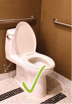 a white toilet in a bathroom with a green check mark at the bottom of the image, indicating an accessible element