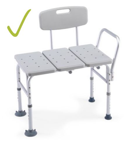Shower bench with back rest and grab bar with a green check mark on image to indicate accessible element