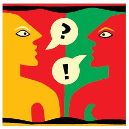 abstract picture of two people talking with a question mark and an exclamation mark