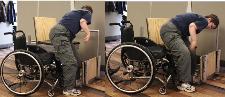 This figure shows a manual wheelchair user transferring to the transfer station set at a higher (left) and lower (right) height than a wheelchair. The front bar is not attached to the transfer station. 