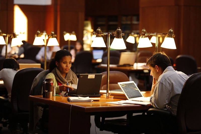 Two students in college library