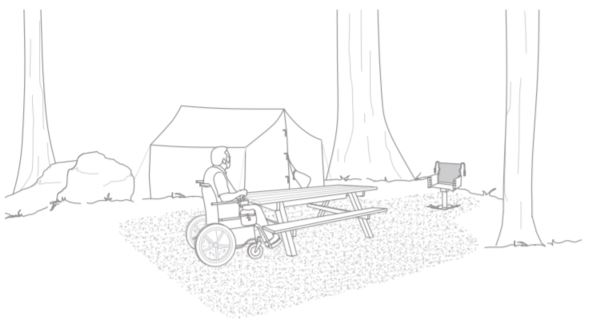 Person using wheelchair at campsite