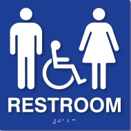 Raised letter and braille "Restroom" sign, including pictogram and ISA