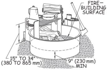 Line drawing of a manufactured steel fire ring with an adjustable height grill.