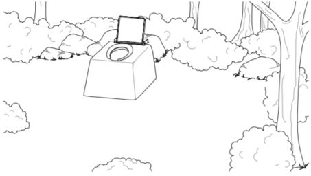 Line drawing of a pit toilet with no walls.