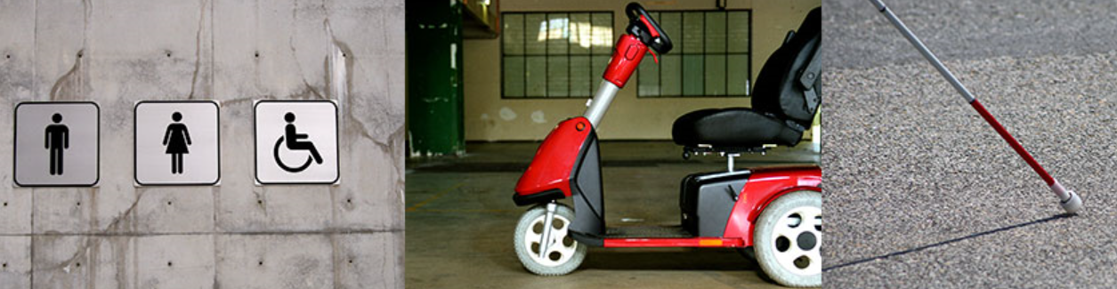 signs on a wall, side view of a scooter, close up of a cane touching asphalt pavement