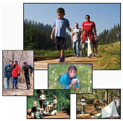 Collage of photos showing people of all abilities using outdoor recreation facilities, services and trails