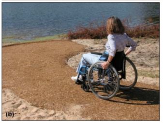 Testing bonded beach path with a hand-powered wheelchair. Shadow
near the waterline indicates terminal curb of beach path. 