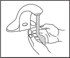 Illustration of hands held under a sensory-operated faucet, with water pouring from the spout.