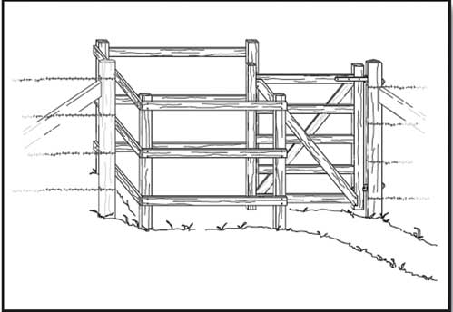 Drawing of a timber rail kissing gate in a barb wire fence.