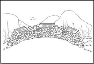 Illustration of interpretive signs with a mortared rock base that is located to provide a barrier between a viewing area and a dropoff.