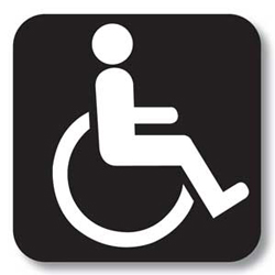 Schematic illustration of a person using a wheelchair.