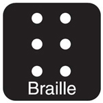 Illustration of six dots, with three dots located side-by-side in two columns. Below the dots is text that reads: Braille.