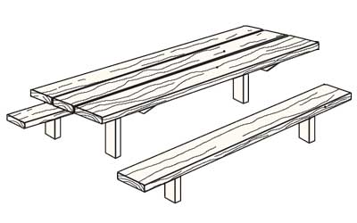 Illustration of an accessible picnic table with lumber top, detached benches, and steel supports.