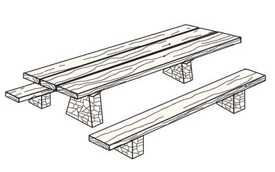 Illustration of an accessible picnic table with lumber top, detached benches, and stone supports.
