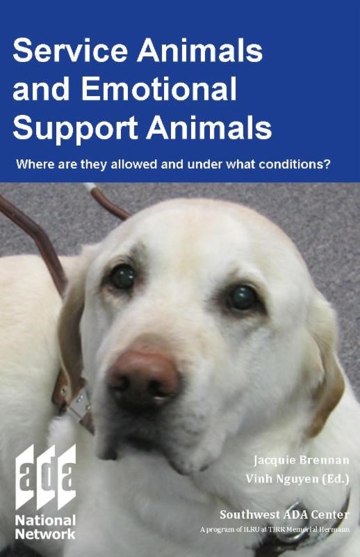 Photo of a service dog with text that reads: Service animals and emotional support animals. Where are they allowed and under what conditions?