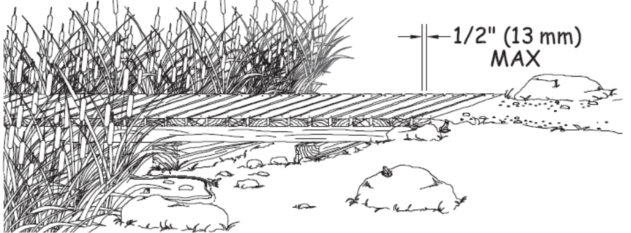 Illustration of a boardwalk trail. The text on the illustration indicates the boards perpendicular to the direction of travel are each separated by no more than one-half inch of space.